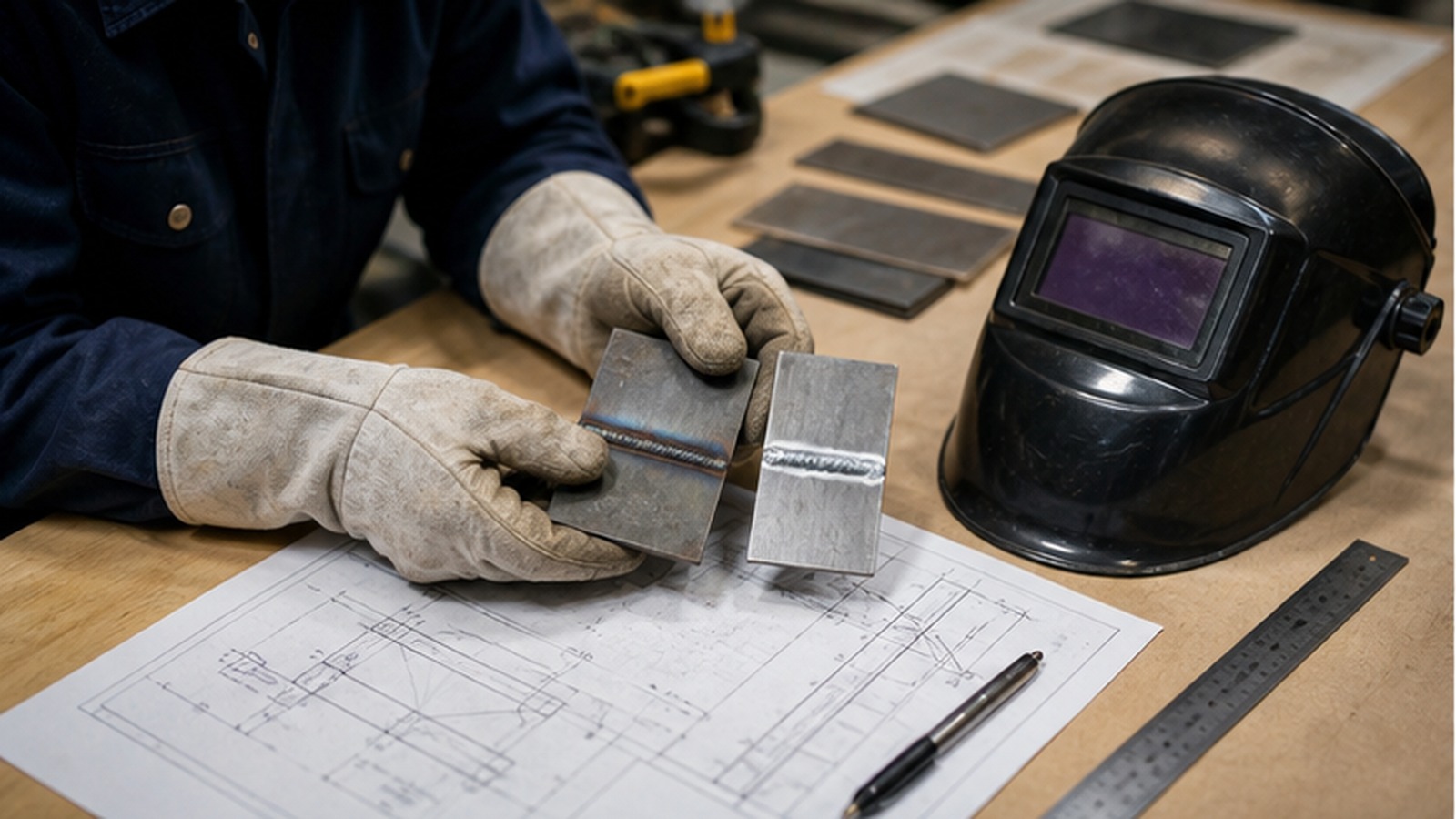 Gloved hands comparing metal weld samples beside a welding helmet, ruler, and unreadable drawings.