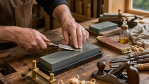 Woodworking bench with hands sharpening a chisel on a stone, hand plane, strop, oil bottle, cloth, and wood shavings.