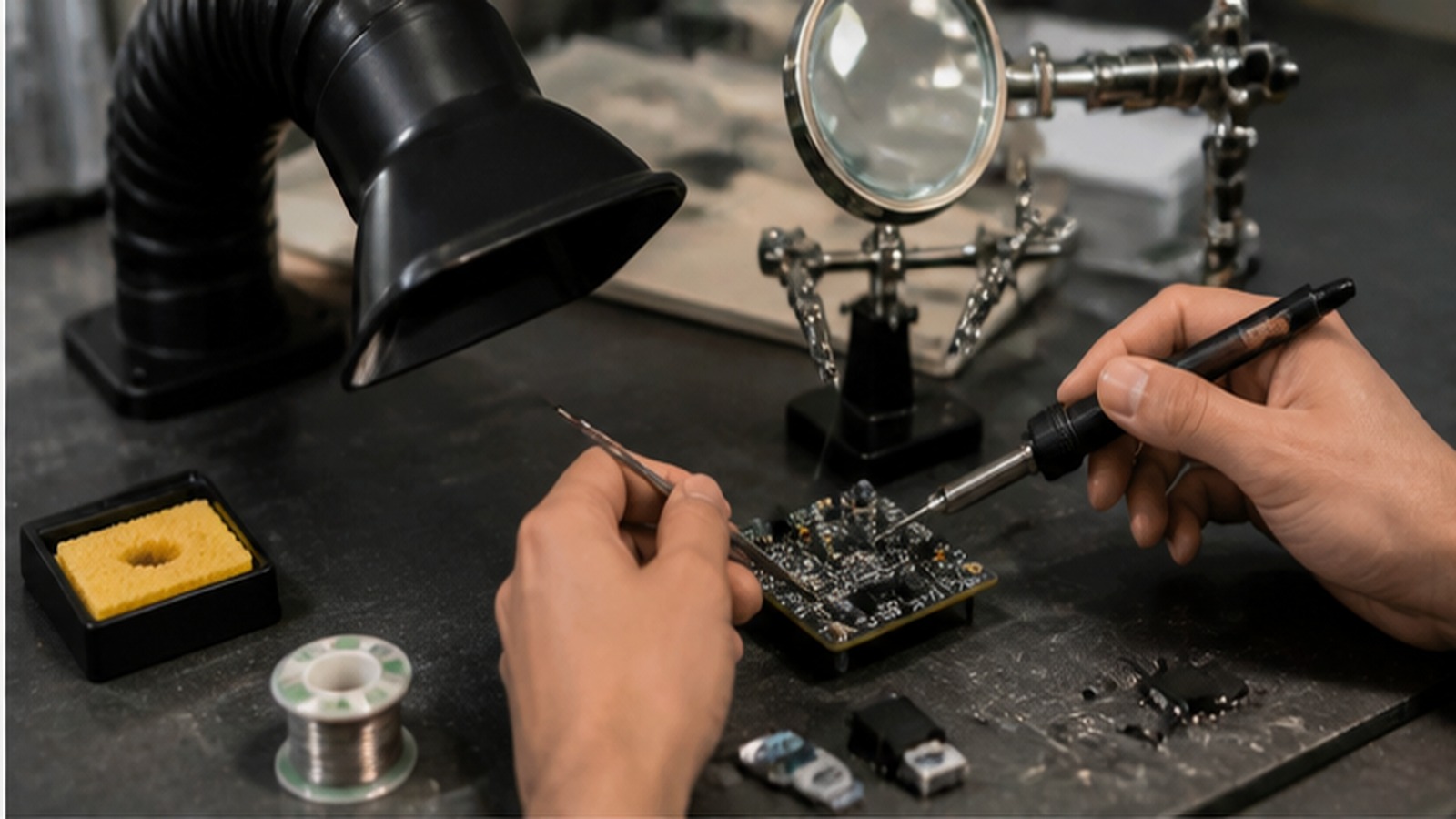 Hands soldering a small circuit board with tweezers, magnifier, fume extractor, and components on a bench.