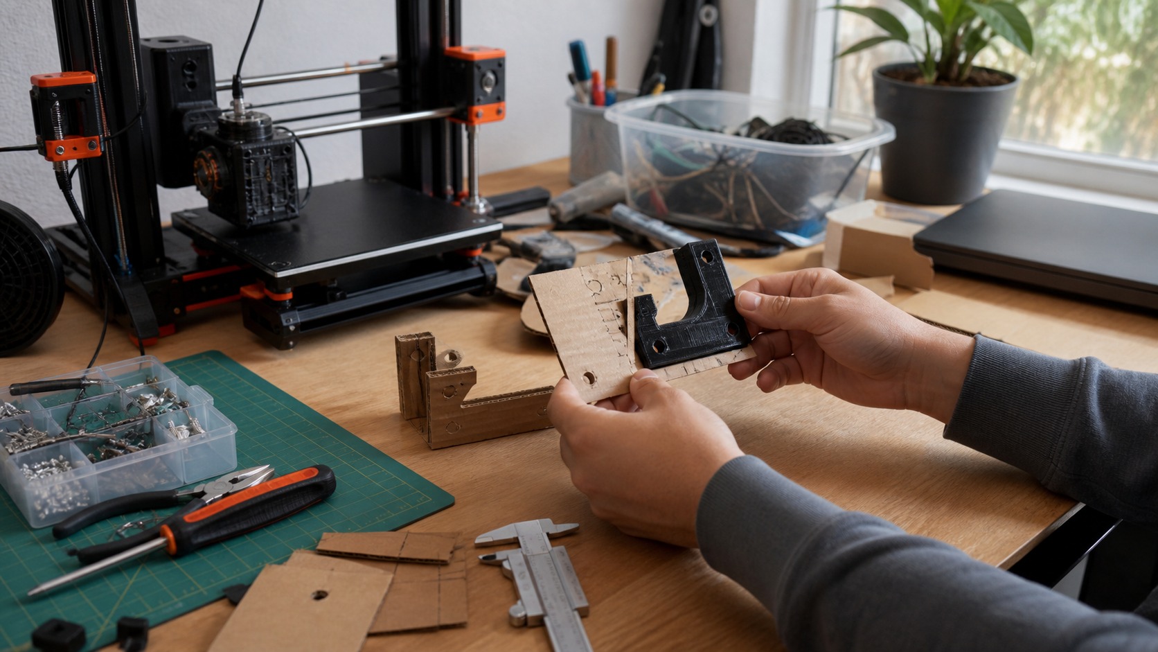 Small budget maker desk with compact 3D printer, cardboard mockups, calipers, hand tools, scraps, and hands comparing a printed bracket.