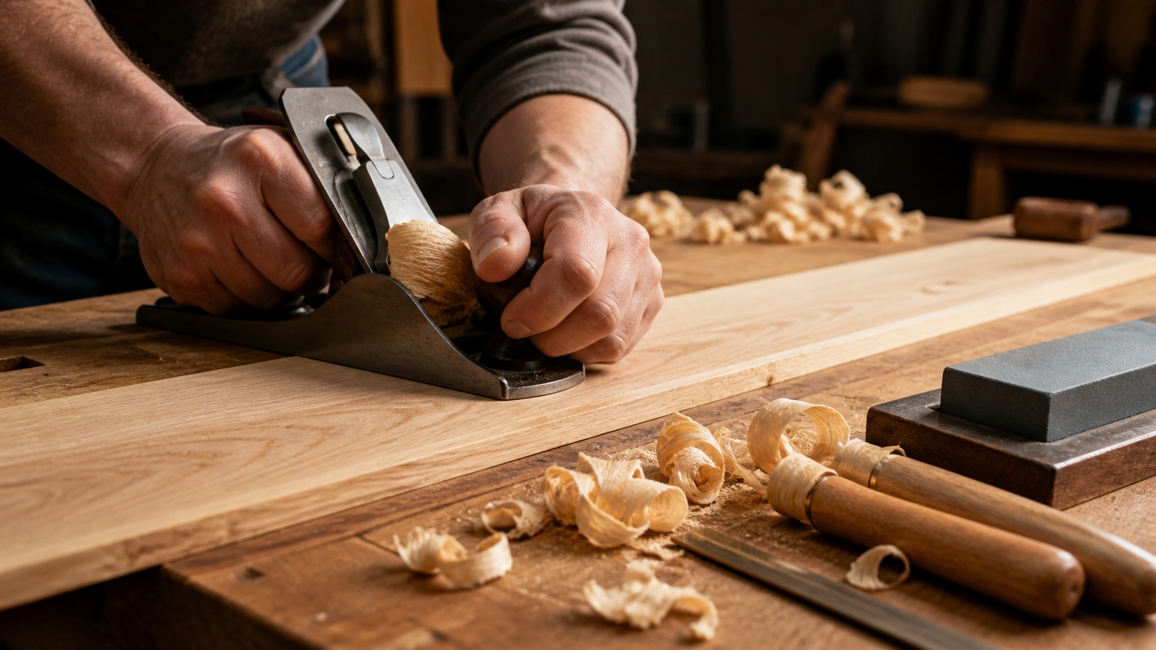 Hands pushing a hand plane along a wide board with thin shavings, straightedge, chisels, and sharpening stone on a woodworking bench.