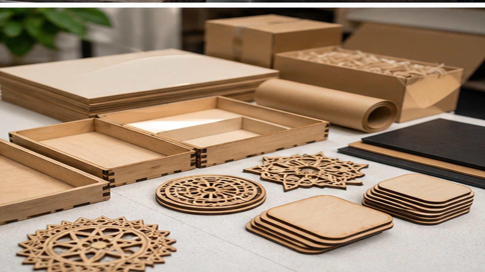 Laser-cut wooden trays, blank coasters, decorative pieces, material sheets, and packaging supplies on a workshop table.