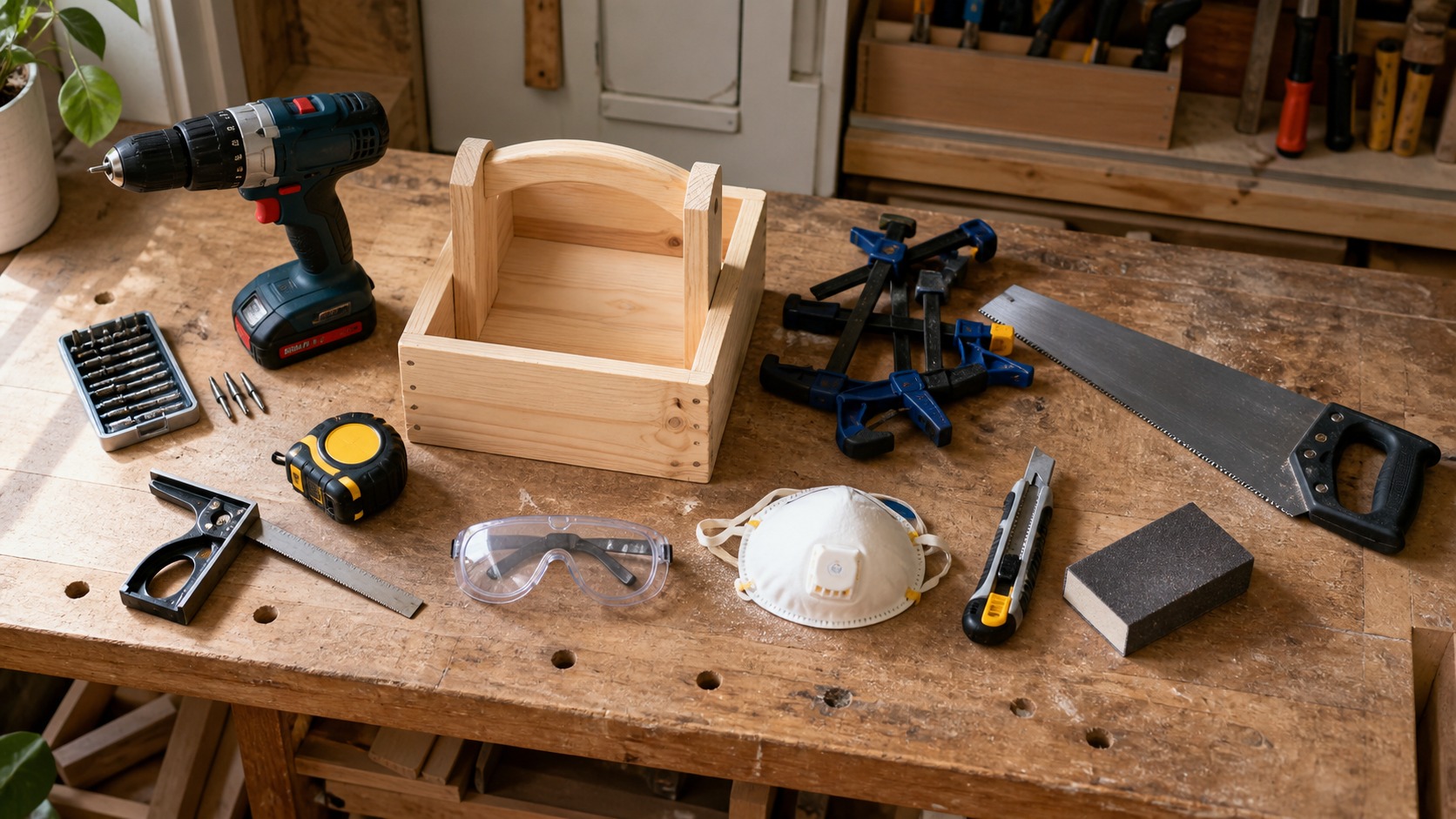 Organized DIY workbench with drill, clamps, hand saw, square, tape measure, safety glasses, dust mask, sanding block, and small wood project.