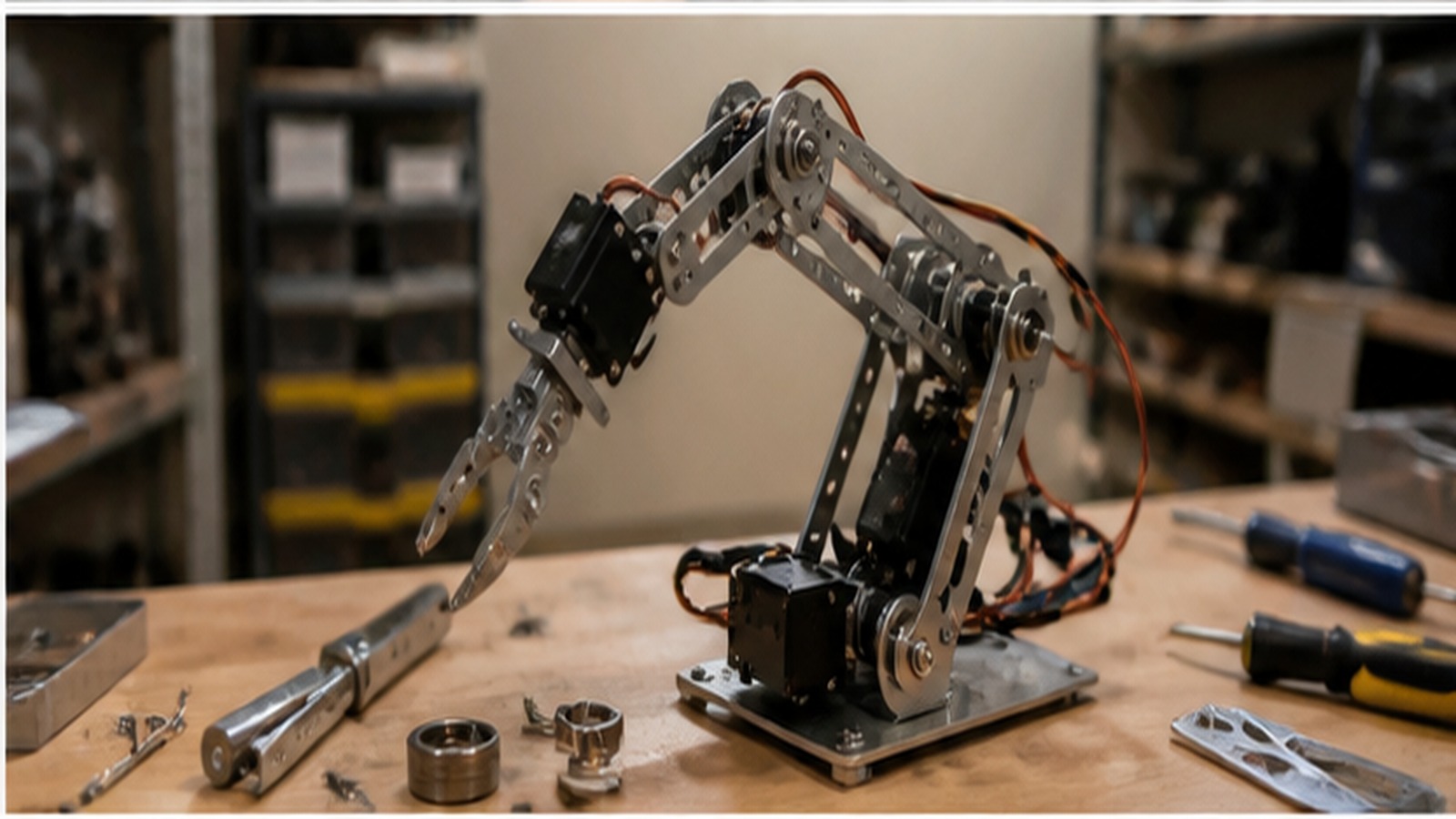 Simple articulated robot arm prototype with joints, servos, bearings, brackets, wires, and tools on a bench.