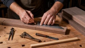 Woodworker marking a hardwood board with square, pencil, dividers, bevel gauge, marking knife, and layout tools on a bench.