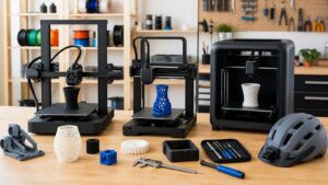 Clean makerspace bench with compact desktop 3D printers, filament, printed sample parts, tools, calipers, and practical prototype pieces.
