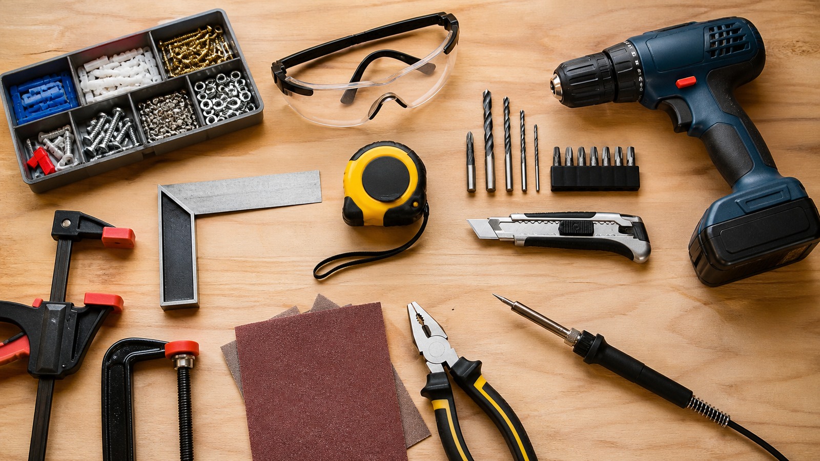 Clean workshop flat lay with drill, safety glasses, clamps, square, tape measure, sandpaper, utility knife, pliers, bits, and soldering iron.