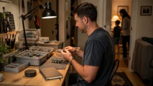 Maker working at a compact home project bench in the evening with sorted parts, task light, notebook, and household life in the background.