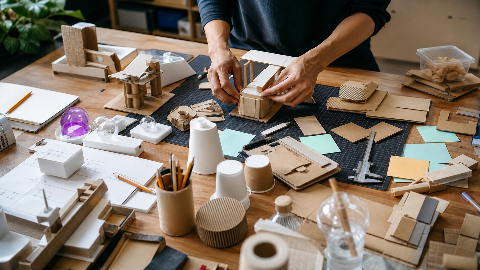 Maker studio table with cardboard prototypes, foam mockups, calipers, simple objects, and hands arranging early design models.