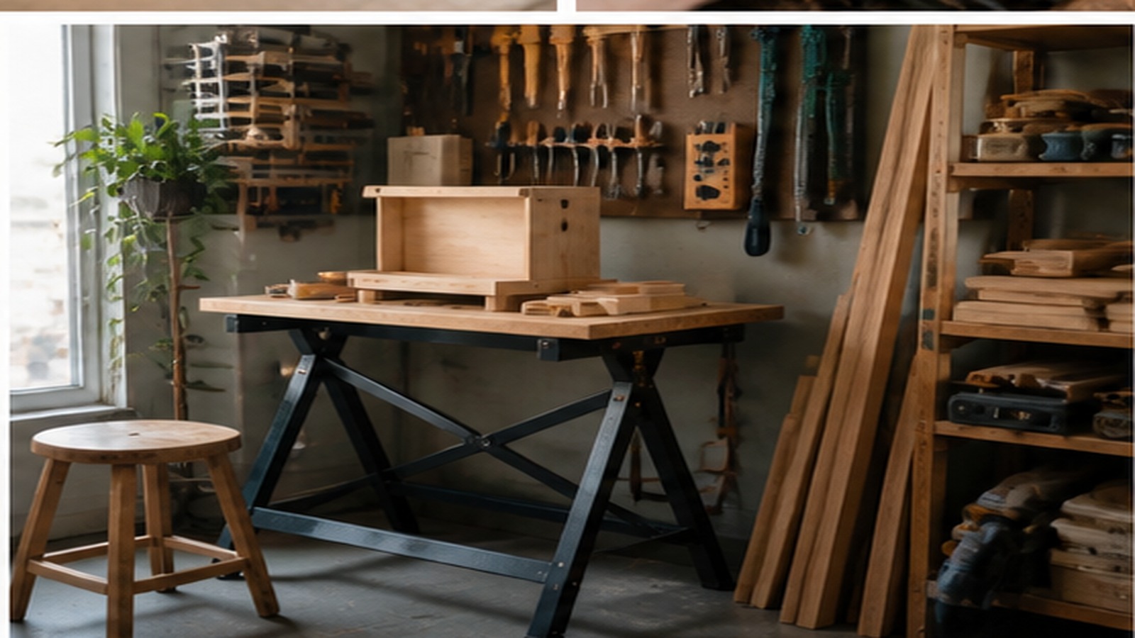 Compact woodworking corner with foldable bench, wall tools, clamps, lumber offcuts, and a small project.