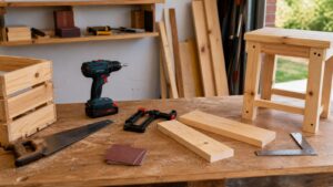 Simple garage woodworking bench with hand saw, drill, clamps, square, sandpaper, pine boards, small crate, and stool project parts.